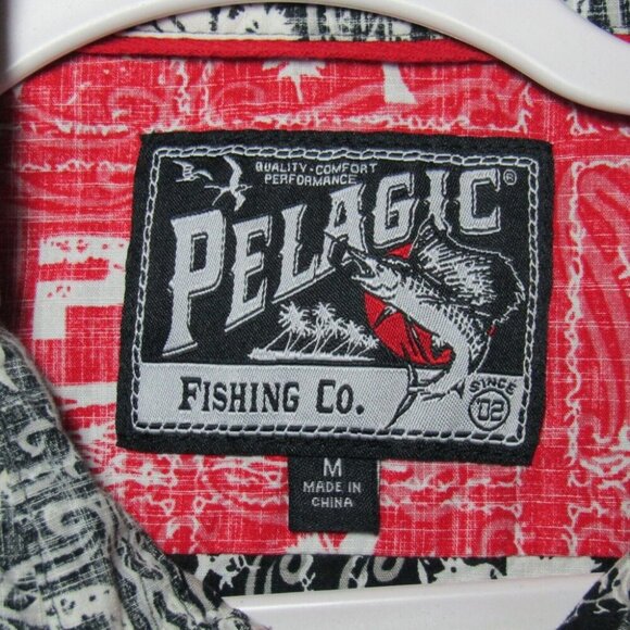 Pelagic Black Reverse Print Camp Shirt Size M Palm Tree Fish Tropical Button Up - Picture 8 of 12